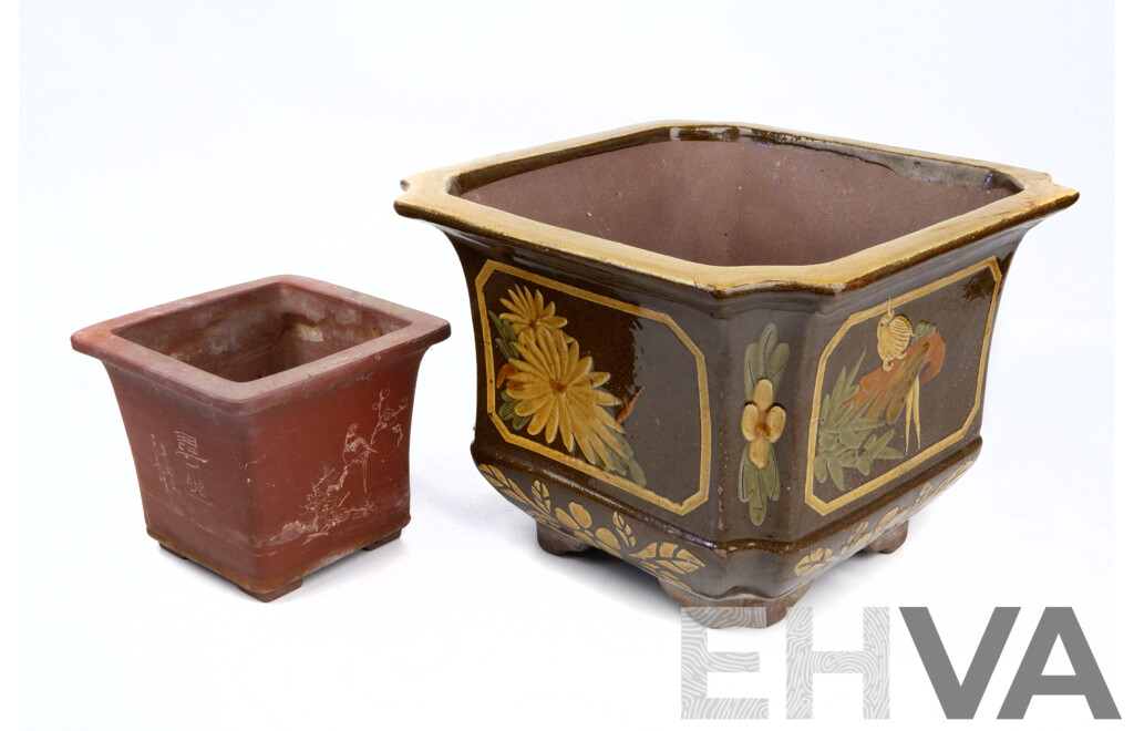 Vintage Chinese Hand Decorated Square Form Jardinière Along with Chinese Yi Xing Planter