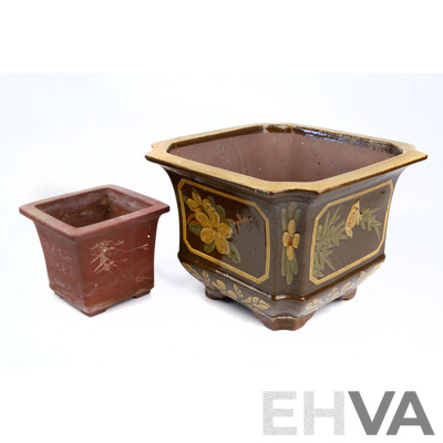 Vintage Chinese Hand Decorated Square Form Jardinière Along with Chinese Yi Xing Planter
