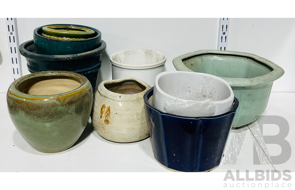 Collection Asian Ceramic Plant Pots Including Celadon Examples