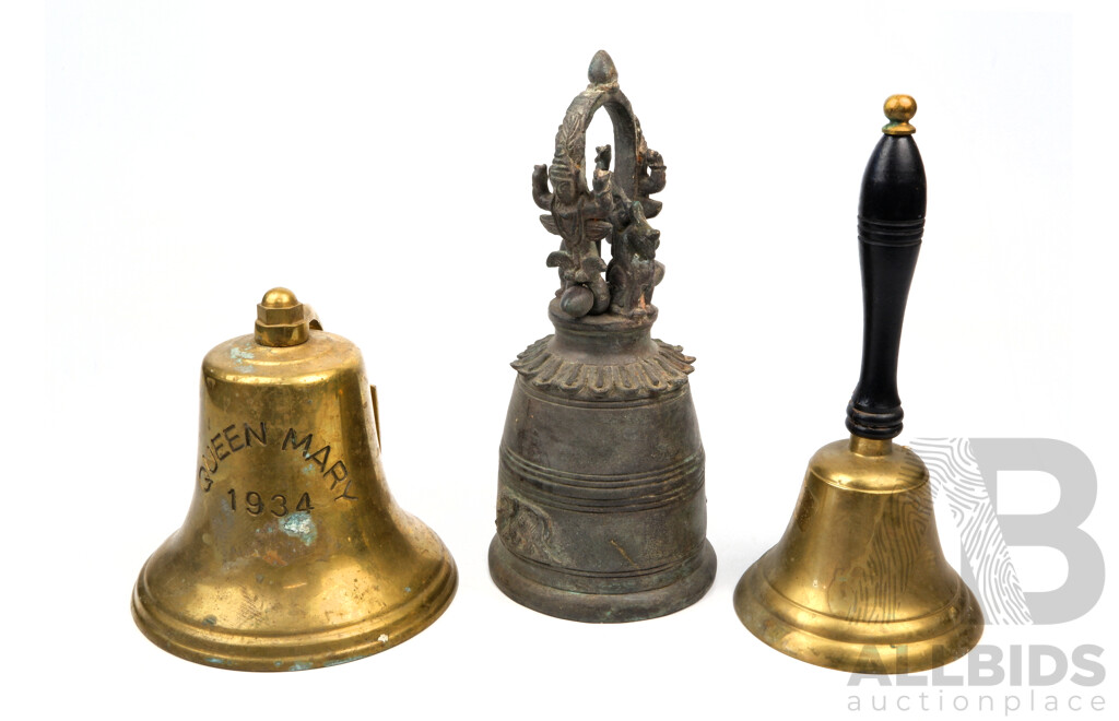 Collection Vintage Bells Including Burmese Example, Brass Bell Inscribed Queen Mary and More