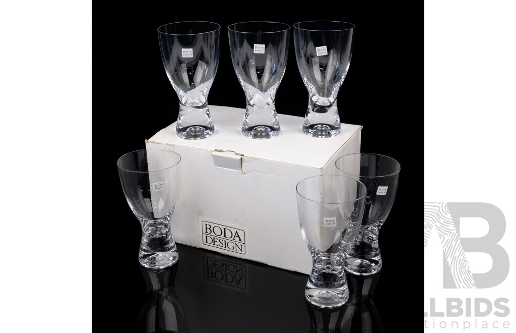 Set Six Retro Boda Designs Beer Glasses with Original Labels in Original Box