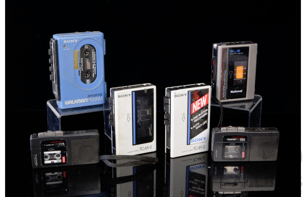 Collection Retro Portable Cassette Tape Players Including Two Sony TCM 2s, Sony Walkman Sports, Two Mini VOR Examples and More