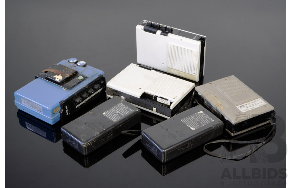 Collection Retro Portable Cassette Tape Players Including Two Sony TCM 2s, Sony Walkman Sports, Two Mini VOR Examples and More