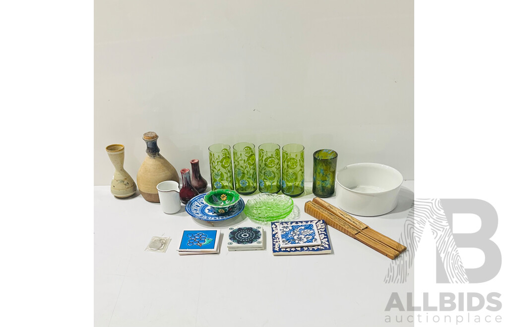 Collection Decorative Pieces Including Set Four Retro Glass Tumblers, Studio Art Glass Tumbler, Studio Pottery and More