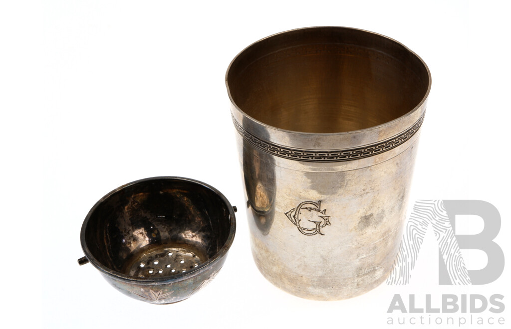 Sterling Silver Middle Eastern Beaker Along with Sterling Silver Chinese Tea Strainer with Bamboo Motif