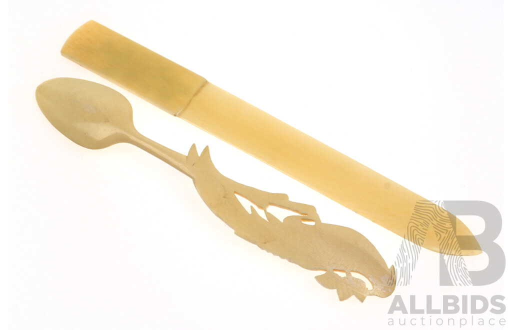 Hand Carved Oriental Ivory Page Turner Along with Bone Spoon with Avian Motif