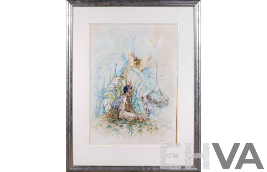 Joe Nalo (born 1951, Papua New Guinea), Meri & Liklik Pikininis 1982, Watercolour