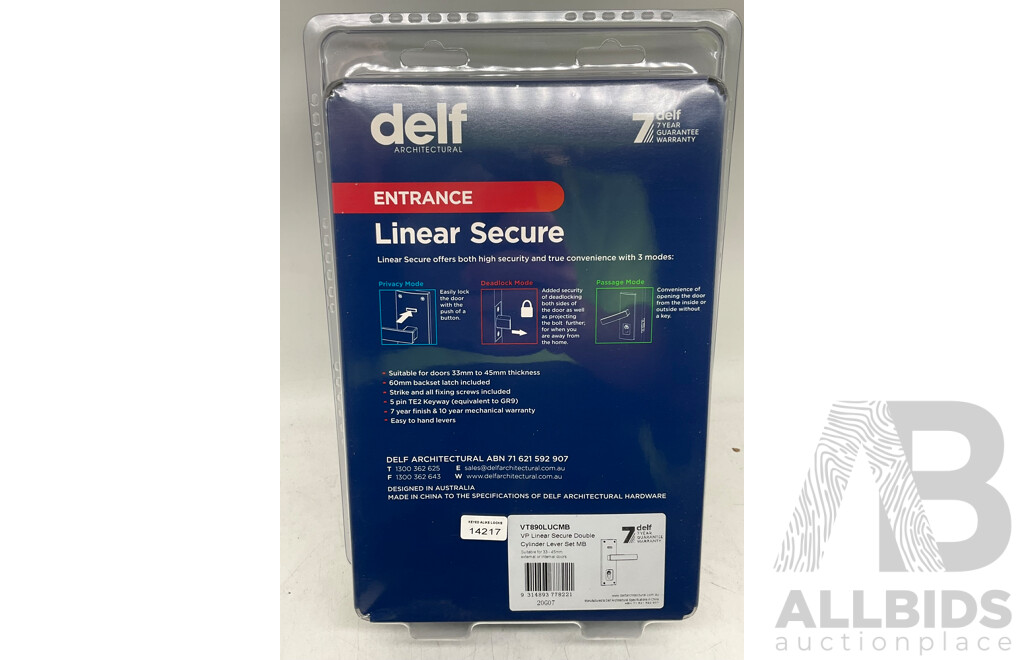 DELF TRADE (DT890ELBMB) Linear Secure Elba Multi Function Lock for External Doors (X4) - Total ORP $879.99