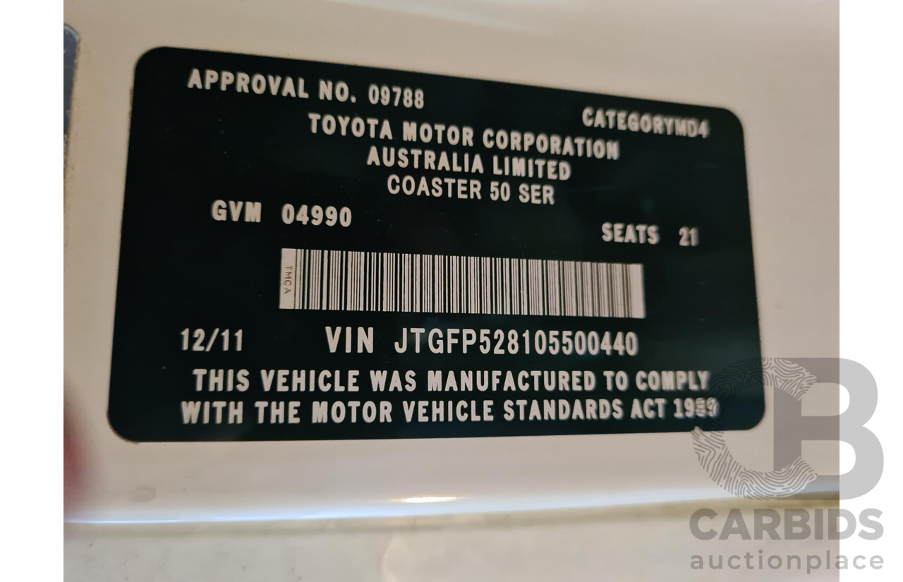 12/2011 Toyota Coaster XZB50R 21 Seater Bus White Turbo Diesel 4.0L