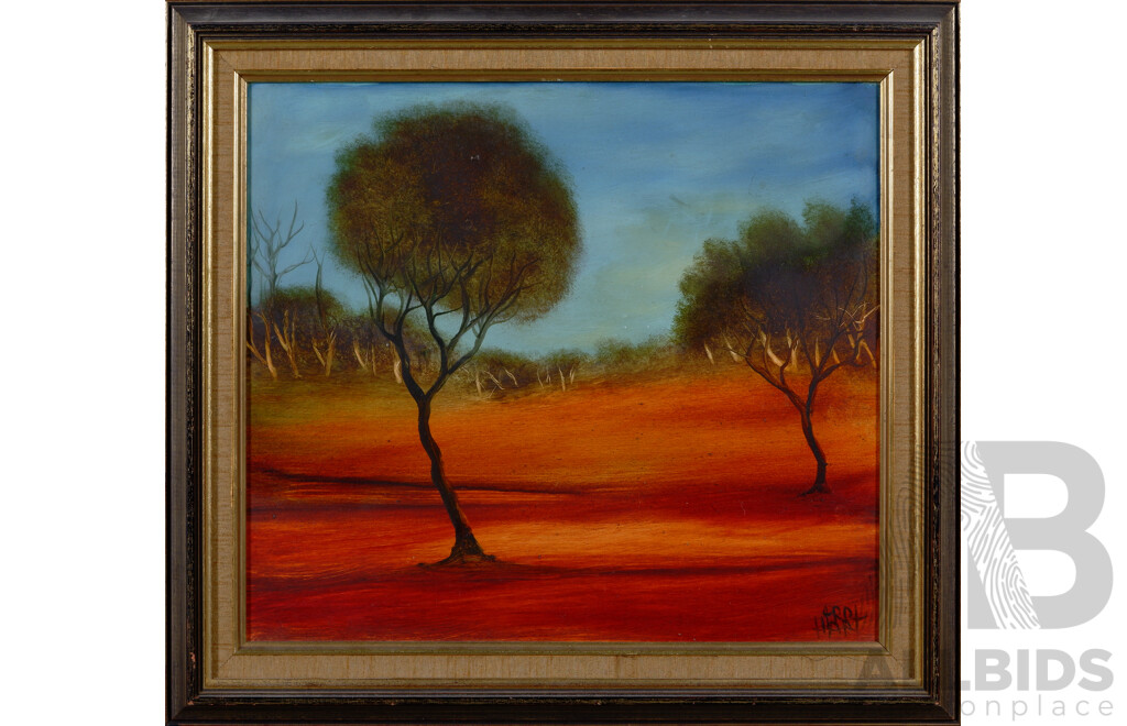 Pro Hart, (20th Century, Australian, 1928-2006), Central Australian Landscape, Oil on Masonite,  45 X 49 Cm (frame)