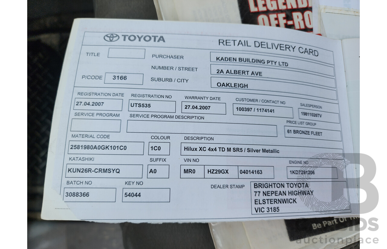 4/2007 Toyota Hilux SR5 (4x4) KUN26R 07 Upgrade Extra Cab P/Up Metallic Silver Turbo Diesel 3.0L