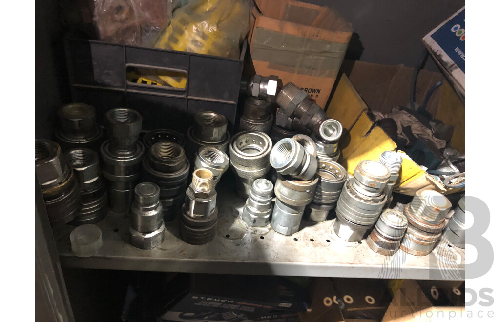 Storage Shelves & Contents Including But Not Limited to, Hydraulic Fittings, Bearings & Cat Regulators