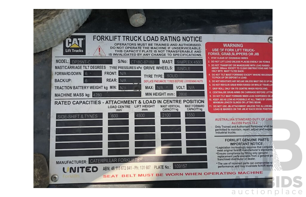 2019 CAT 2.7 Ton Diesel Forklift - DP25NT