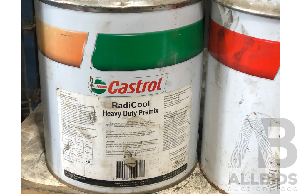 One 20L Castrol RadiCool Heavy Duty Premix, Two 85W-140 Heavy Duty Gearbox and Diff extreme Pressure Gear Oil 