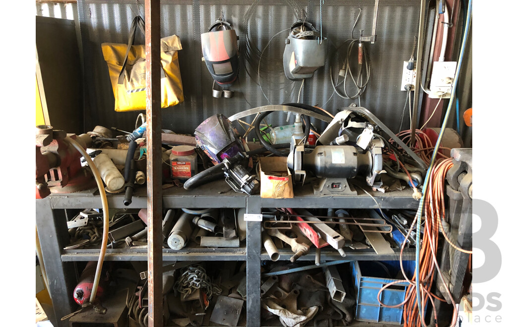 Welders Bench, Mesh Rack & Contents Including But Not Limted To; Welders Masks, Heavy Duty Bench Vices & Bench Grinder 