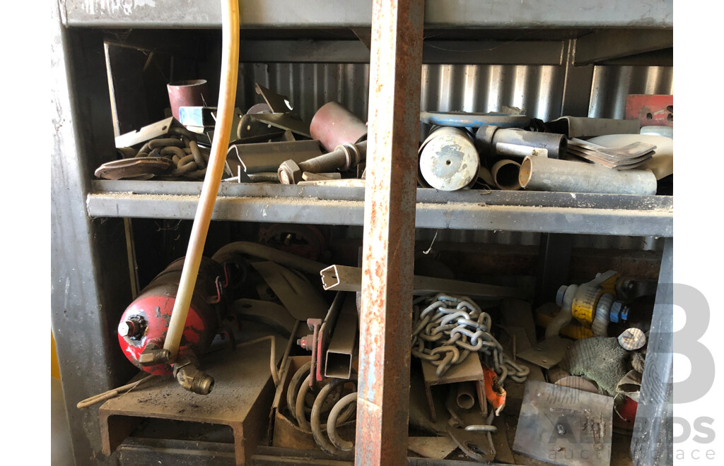 Welders Bench, Mesh Rack & Contents Including But Not Limted To; Welders Masks, Heavy Duty Bench Vices & Bench Grinder 