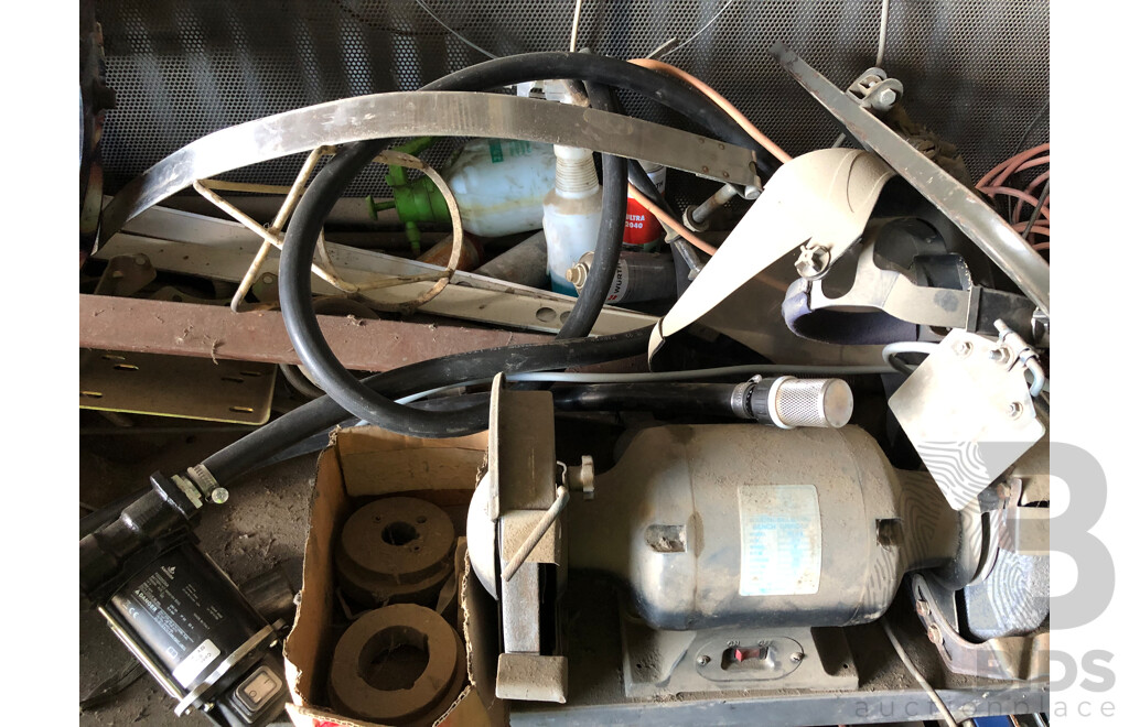Welders Bench, Mesh Rack & Contents Including But Not Limted To; Welders Masks, Heavy Duty Bench Vices & Bench Grinder 