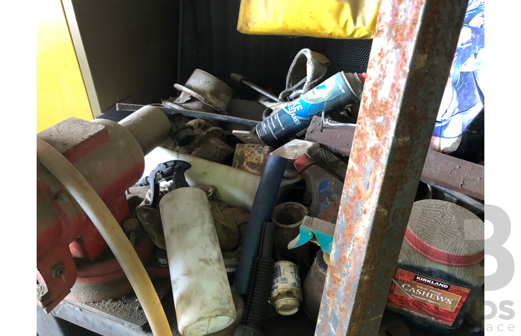 Welders Bench, Mesh Rack & Contents Including But Not Limted To; Welders Masks, Heavy Duty Bench Vices & Bench Grinder 