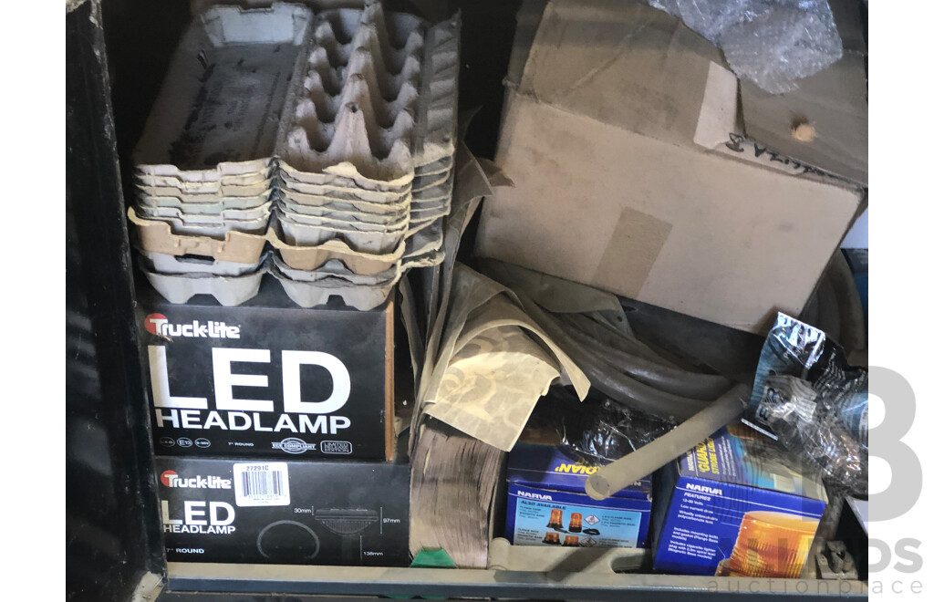 Steel Storage Box on Wheels Containing Wurth Hose Clamp Set, Truck-Lite LED Head Lamps & More