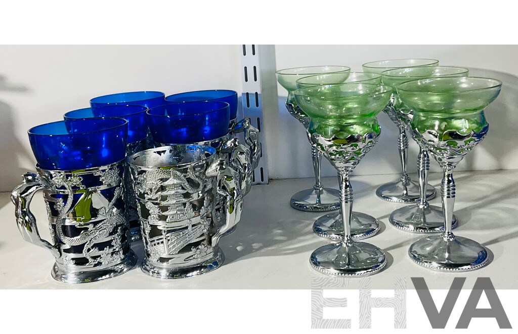Collection of Vintage Glassware Including 4 Blue Glass Cups with Metal Decorations and 6 Green Glasses with Metal Stem