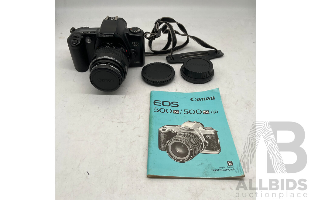CANON EOS 500 Camera W/ Zoom Lens EF 53.7mm 1-4-5.6, Bookelt & Evergreen Case