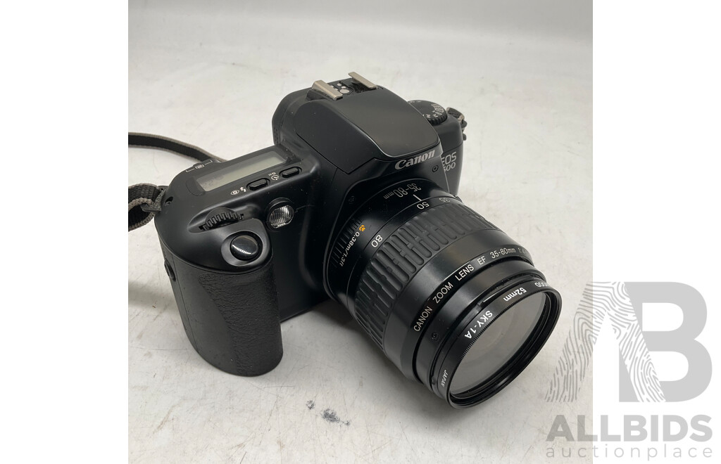 CANON EOS 500 Camera W/ Zoom Lens EF 53.7mm 1-4-5.6, Bookelt & Evergreen Case