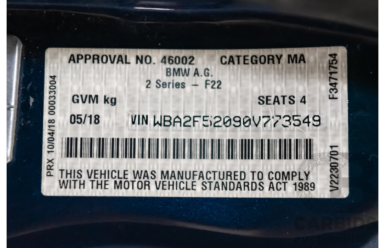 05/18 BMW 2 Series 230i LUXURY LINE RWD F22 LCI Auto MY18 2D Coupe Mediterranean Blue Metallic Turbo 2.0L