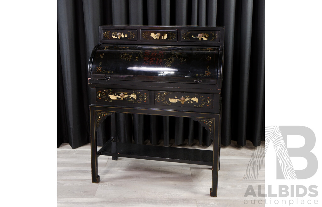 Oriental Laquered Elevated Cylinder Desk