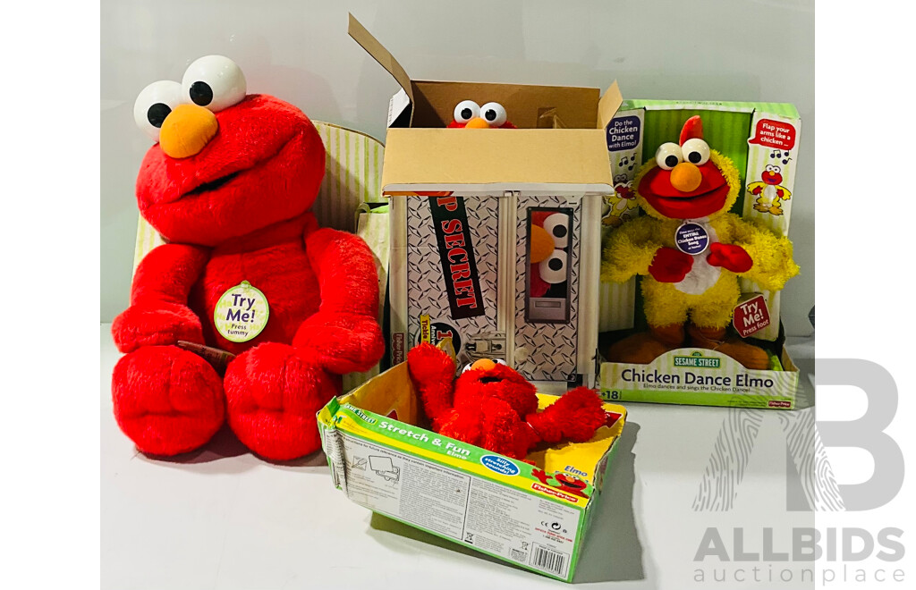 Collection of Four Vintage Elmo Toys in Original Boxes Including Chicken Dance Elmo