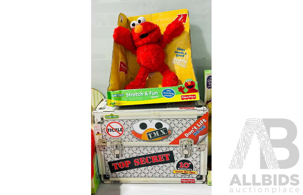 Collection of Four Vintage Elmo Toys in Original Boxes Including Chicken Dance Elmo