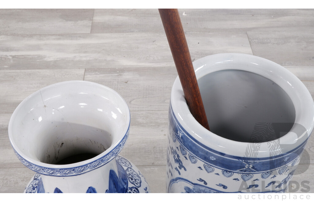 Blue and White Umbrella Stand and Large Vase
