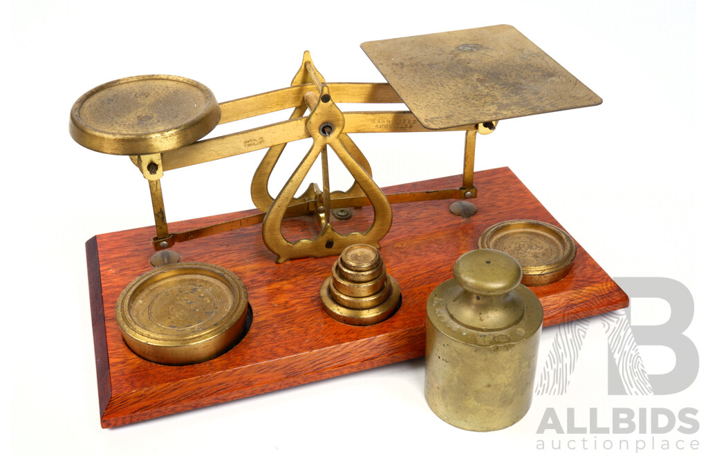 Antique Brass Postal Scales with Wood Base and Eight Weights