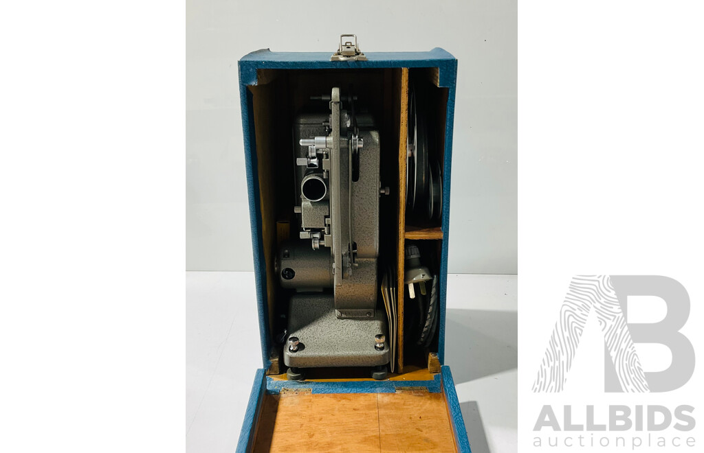 Vintage Specto “500” Projector with Operating Instructions, Kodachrome Movie Film, Power Cord and Wooden Transport Case with Vinyl Wrap