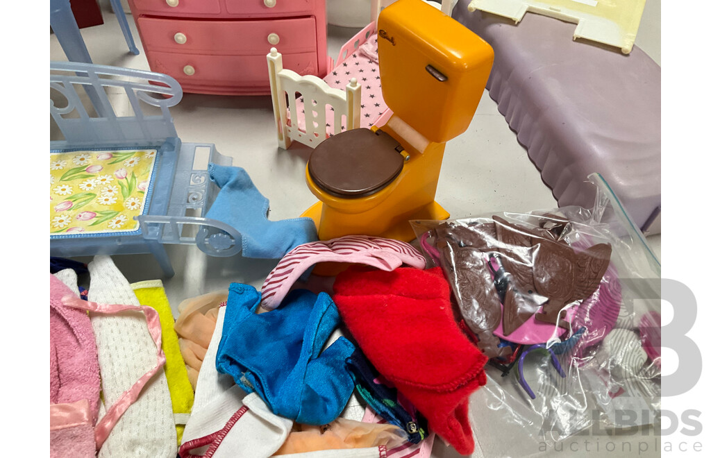 Collection Vintage and Other Barbie, Sindy and Other Dolls Furniture Along with Barbie Clothes & Minaiture Dolls Food Items
