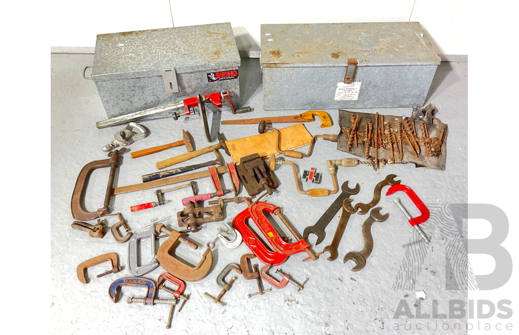 Two Galvinised Steel Tool Boxes with Industrial Imperial Spanners, Vintage Brace Drills and Auger Bits, 'G' and 'F' Clamps, Bench and Drill Vices, Hammers, Industrial Bench Clamp Tin Opener and More