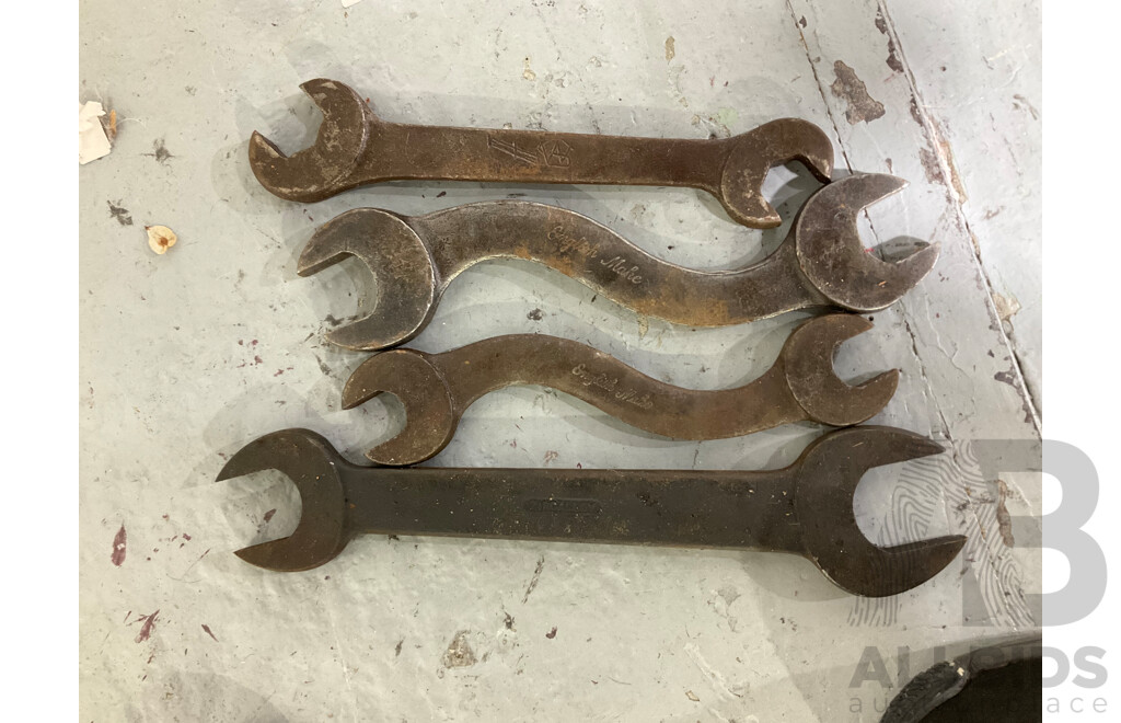 Two Galvinised Steel Tool Boxes with Industrial Imperial Spanners, Vintage Brace Drills and Auger Bits, 'G' and 'F' Clamps, Bench and Drill Vices, Hammers, Industrial Bench Clamp Tin Opener and More