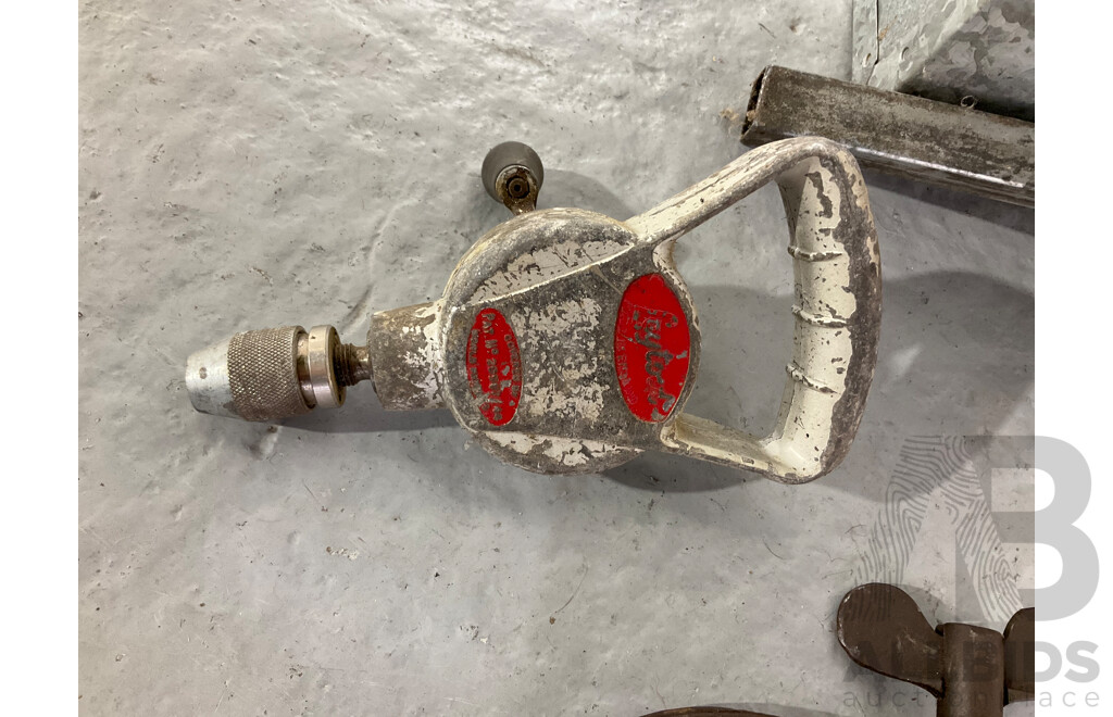 Two Galvinised Steel Tool Boxes with Industrial Imperial Spanners, Vintage Brace Drills and Auger Bits, 'G' and 'F' Clamps, Bench and Drill Vices, Hammers, Industrial Bench Clamp Tin Opener and More