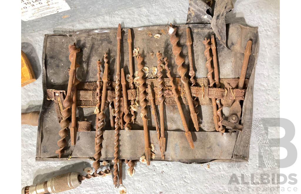 Two Galvinised Steel Tool Boxes with Industrial Imperial Spanners, Vintage Brace Drills and Auger Bits, 'G' and 'F' Clamps, Bench and Drill Vices, Hammers, Industrial Bench Clamp Tin Opener and More