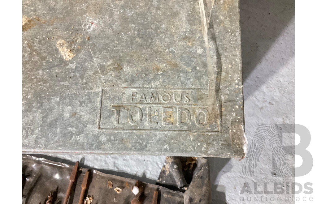 Two Galvinised Steel Tool Boxes with Industrial Imperial Spanners, Vintage Brace Drills and Auger Bits, 'G' and 'F' Clamps, Bench and Drill Vices, Hammers, Industrial Bench Clamp Tin Opener and More