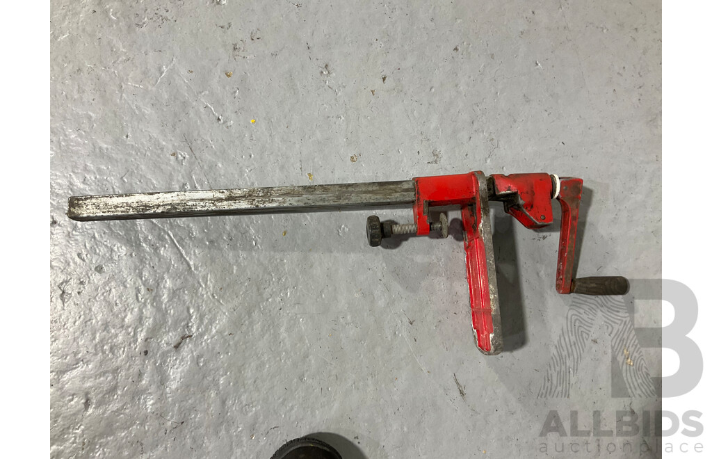 Two Galvinised Steel Tool Boxes with Industrial Imperial Spanners, Vintage Brace Drills and Auger Bits, 'G' and 'F' Clamps, Bench and Drill Vices, Hammers, Industrial Bench Clamp Tin Opener and More