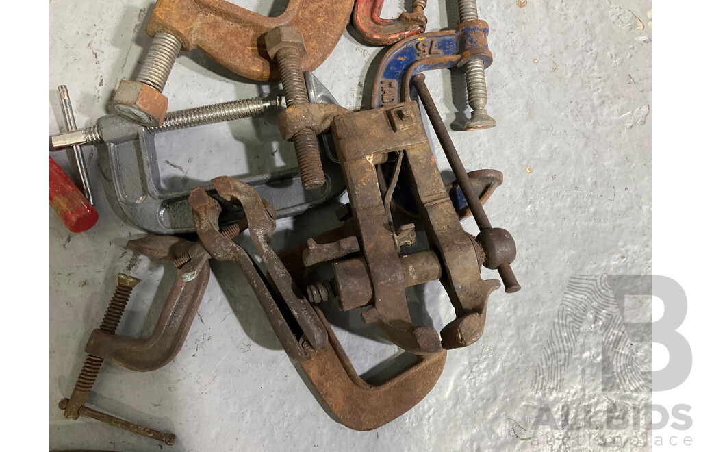 Two Galvinised Steel Tool Boxes with Industrial Imperial Spanners, Vintage Brace Drills and Auger Bits, 'G' and 'F' Clamps, Bench and Drill Vices, Hammers, Industrial Bench Clamp Tin Opener and More