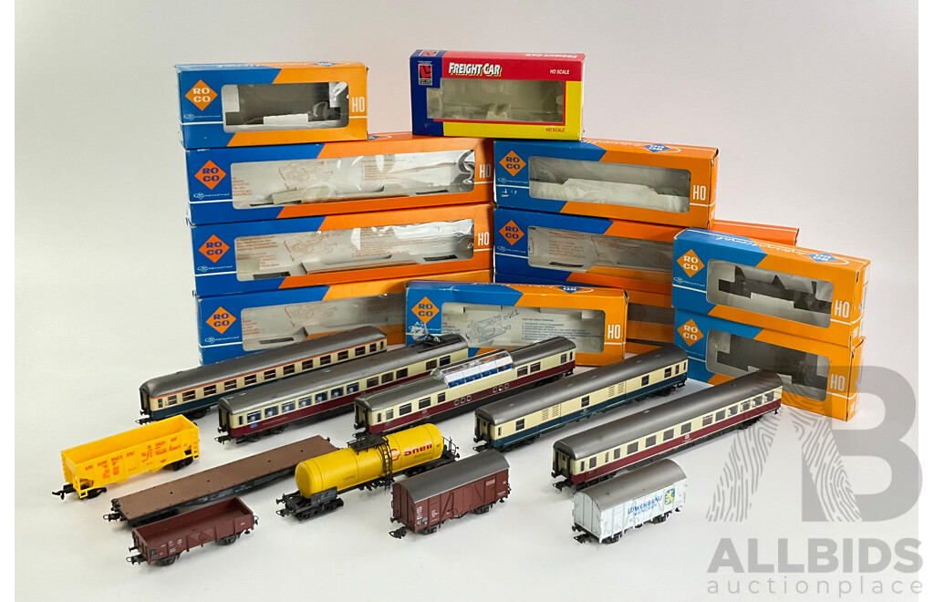 Vintage Collection of Boxed Roco HO Scale Rolling Stock Including Five German DB Passenger Cars, German and American Freight Wagons and Tanker