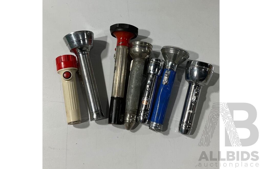 Collection Seven Cool Vintage & Retro Torches Including Super by Celco Sydney, Phillips, Eveready and More
