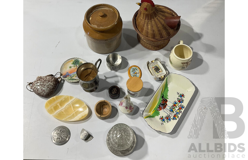 Collection Retro & Vintage Items Including Antique Lidded Canister, French Cane Chicken Container, Three Pieces Canadian Pewter and More