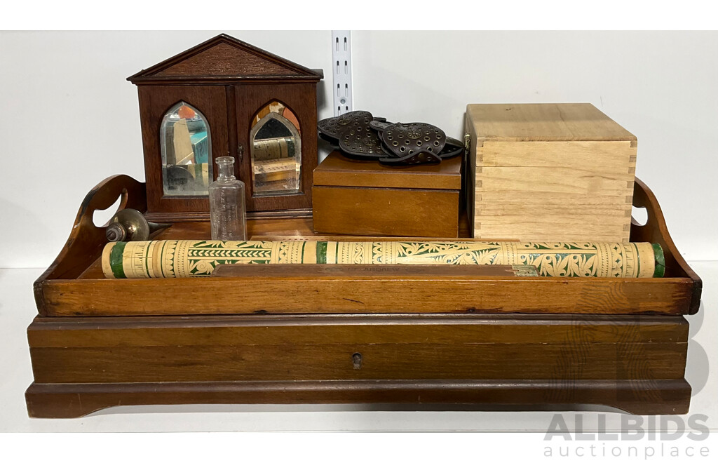 Collection Retro & Vintage Items Including Vintage Wooden Flatwear Canteen, Tribal Bamboo Container From Borneo and More