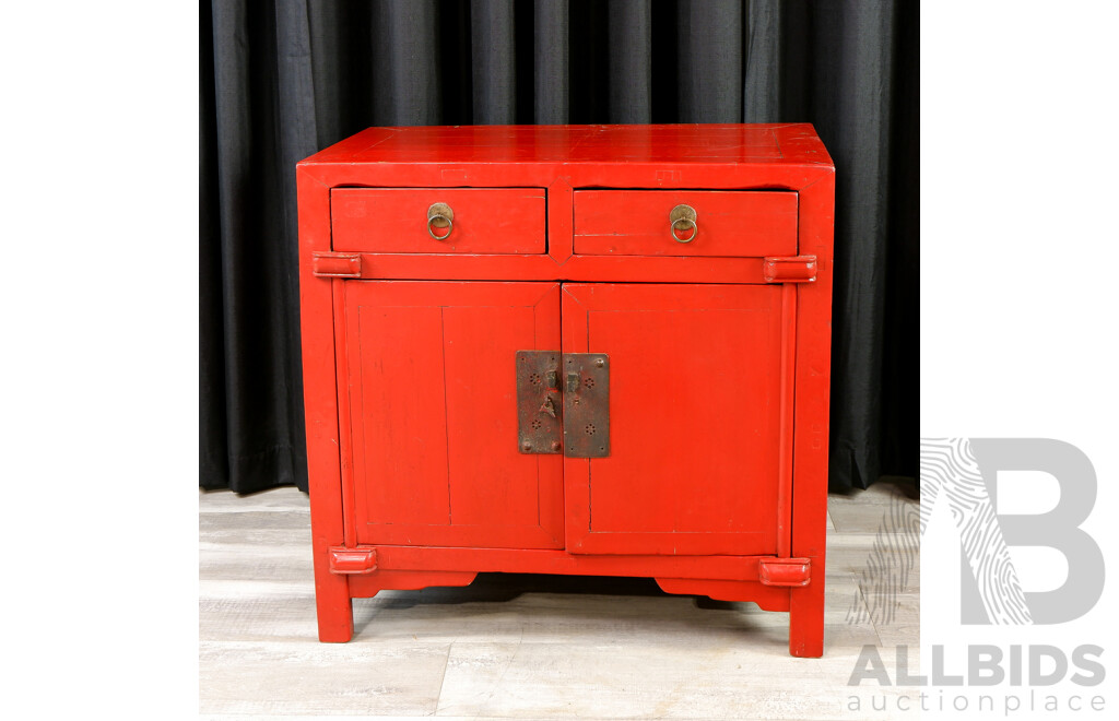Chinese Red Lacquered Two Door Cabinet with Two Drawers