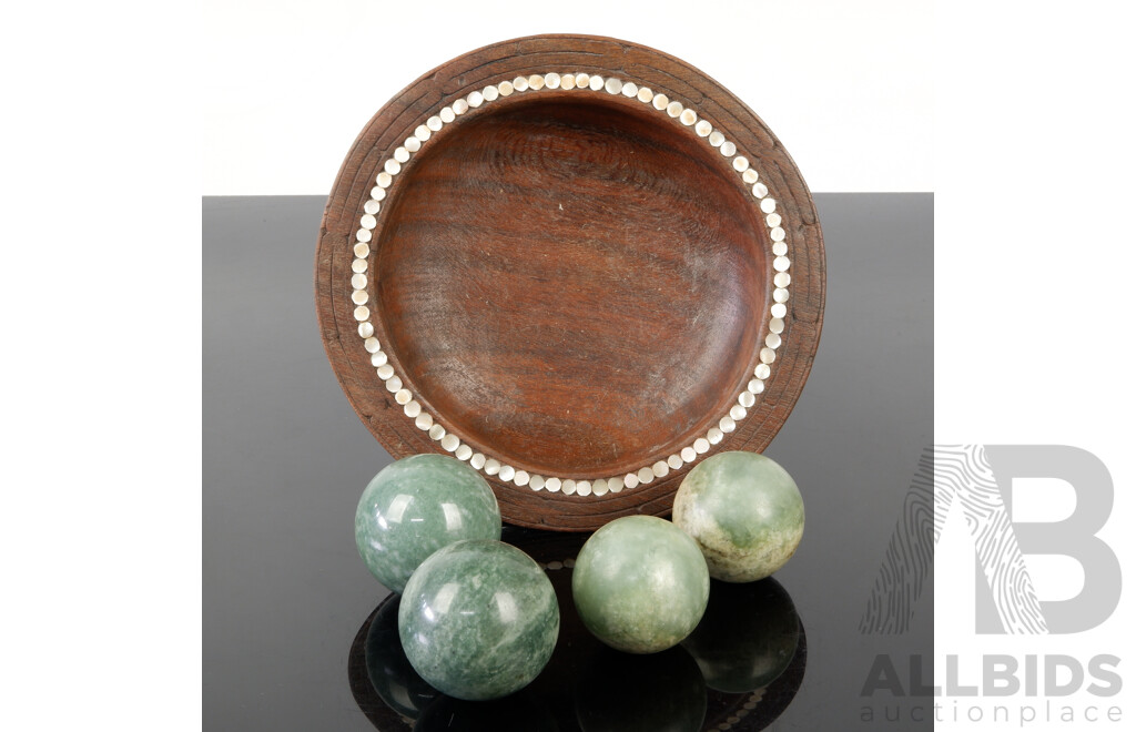 Hand Carved Tribal Trobriand Island Wooden Bowl with Mother of Pearl Inlay to Rim Along with Four Polished Green Stone Spheres