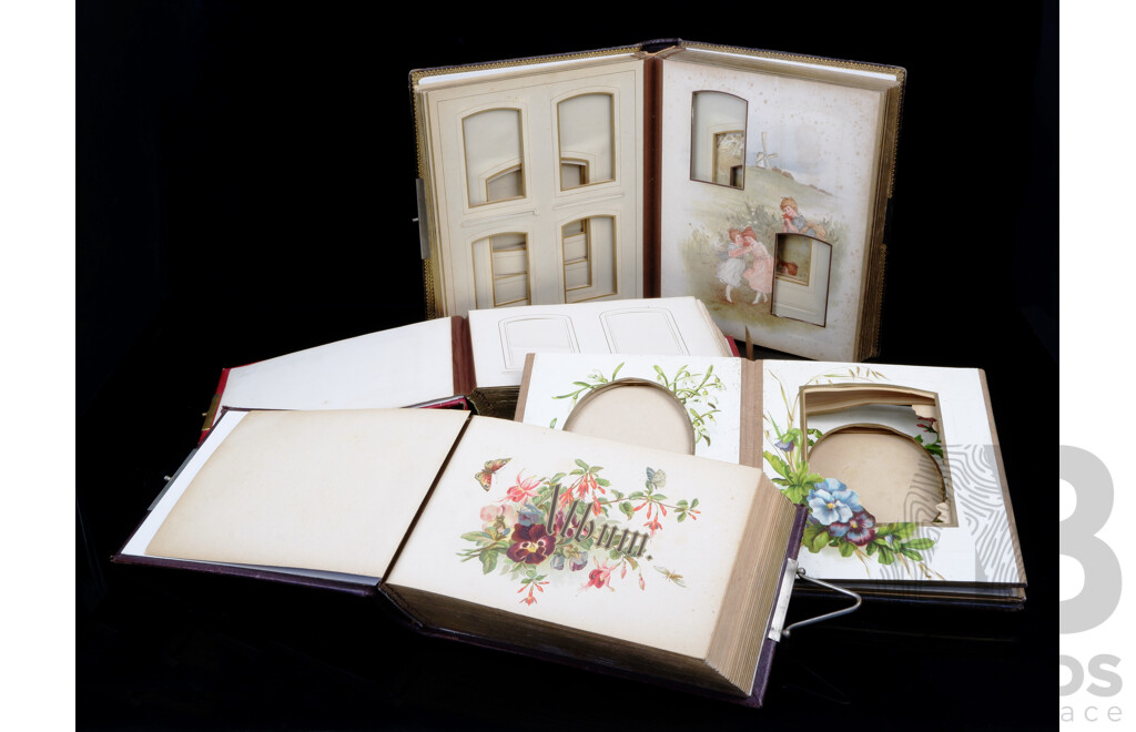 Collection Four Antique Victorian Photograph Albums with Tooled Leather Covers