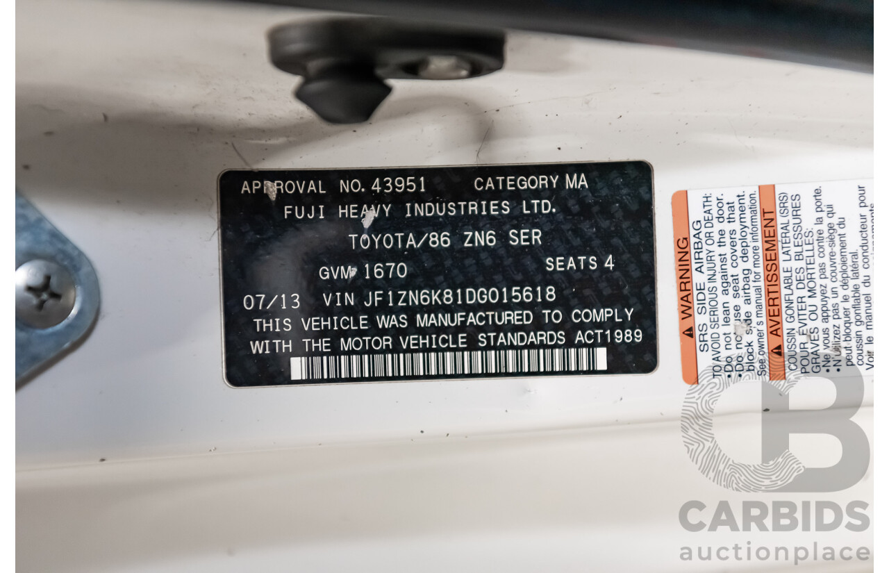 07/13 Toyota 86 GT RWD ZN6 2D Coupe White 2.0L
