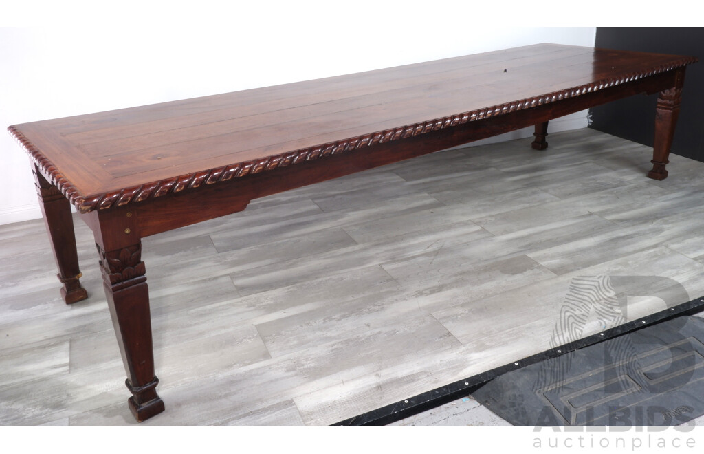 Large Hardwood Banquet Table with Ten Chairs